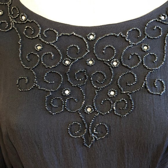 Antique Black Dress With Beaded Upper Bodice, Zippered Back and 3/4 Sleeves - Picture 3 of 16